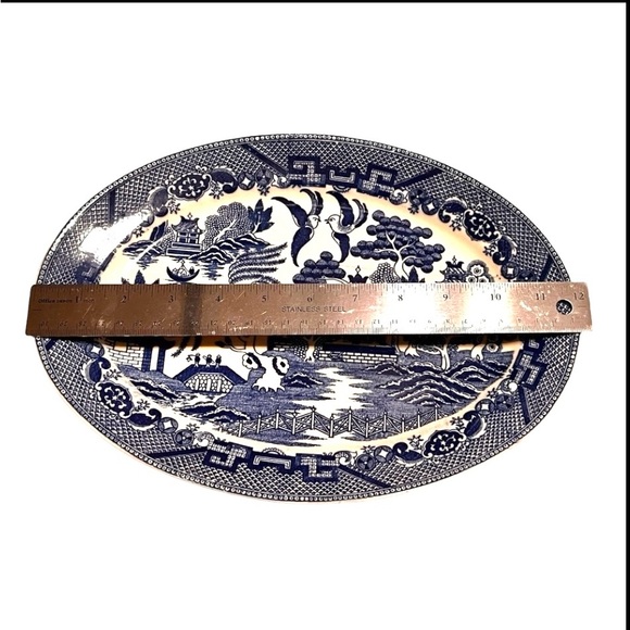 Vintage Blue Willow Chinoiserie blue white vegetable bowl occupied Japan 8.5”x12 - Picture 10 of 11